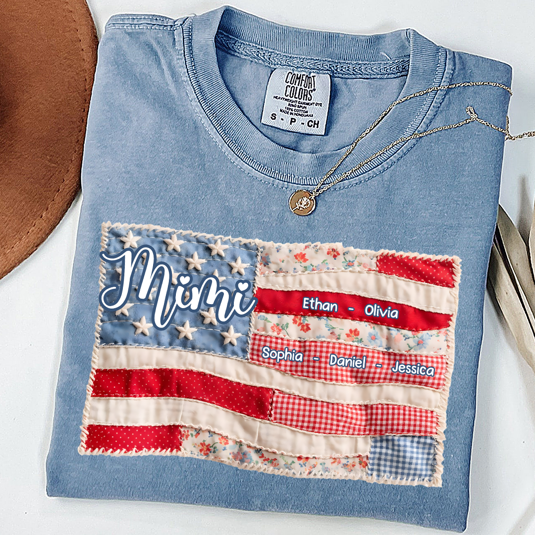 Comfort Colors Personalized Mimi Shirt with Family Names, Custom American Flag Design, Ideal Gift for Grandmother