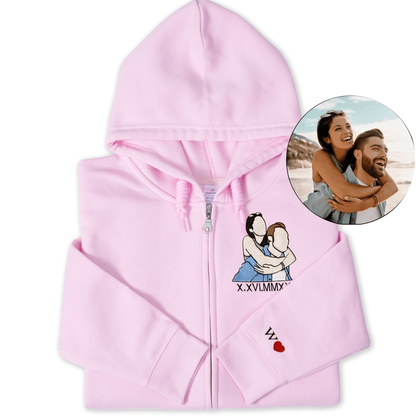 Personalized Embroidered Zip Hoodie, Custom Portrait Couple Embroidered Zip Hoodie