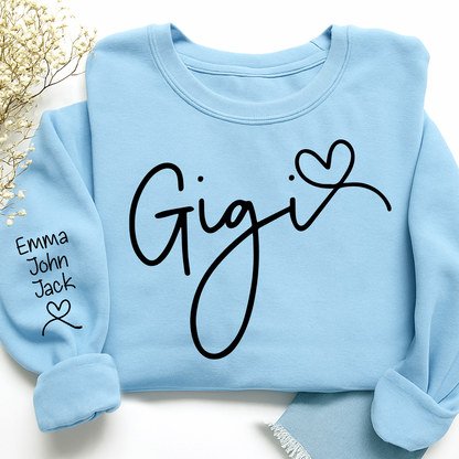 Custom Gigi Sweatshirt, Elegant Script Heart Design Personalized Names