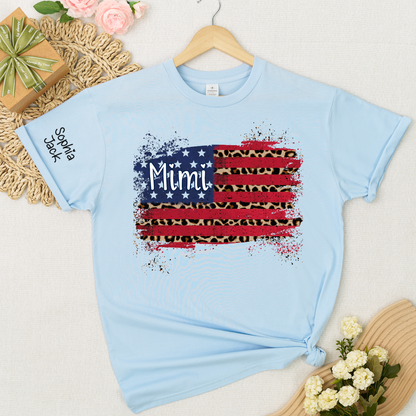 Personalized Mimi American Flag Shirt Leopard USA Flag Custom Kids Names T Shirt Patriotic Grandma Gift Fourth of July Family Matching Tee