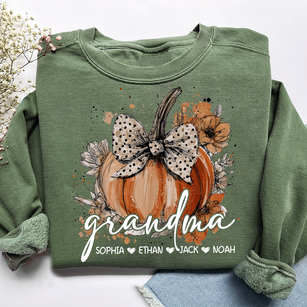 Custom Grandma Pumpkin Shirt, Cozy Autumn Sweatshirt with Kids Names