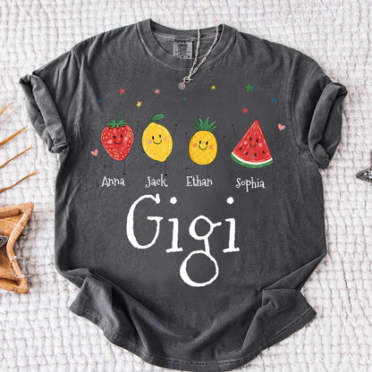 Comfort Colors® Personalized Gigi Shirt with Grandkids Names, Cute Fruit Family Grandma Tee, Custom Gigi Gift from Grandchildren, Summer Family Shirt