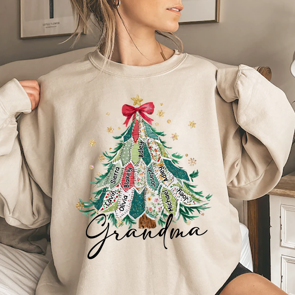 Personalized Grandma Christmas Sweatshirt, Custom Name Tree Ribbon Holiday Shirt