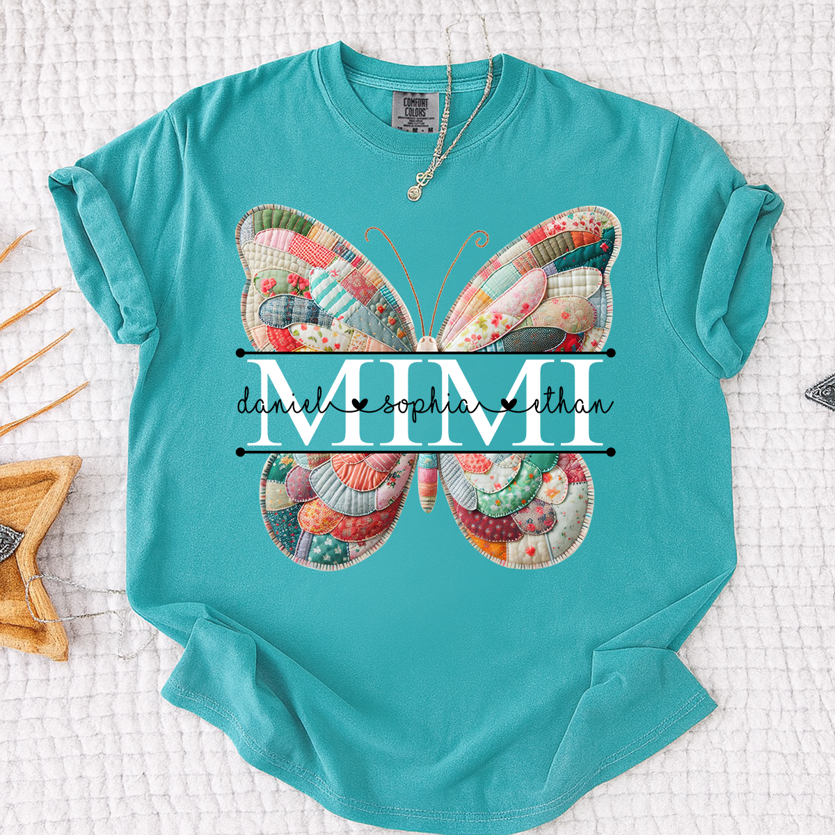 Custom Mimi T Shirt with Butterfly Patchwork Graphic, Personalized Family Names Tee