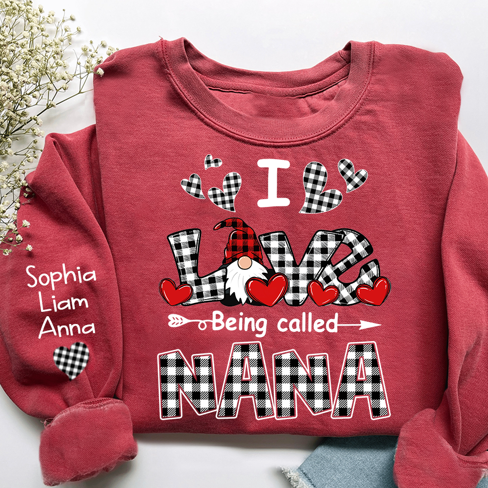 I Love Being Called Nana Sweatshirt, Gingham Heart Gnome, For Gift Valentine Grandma And Kids