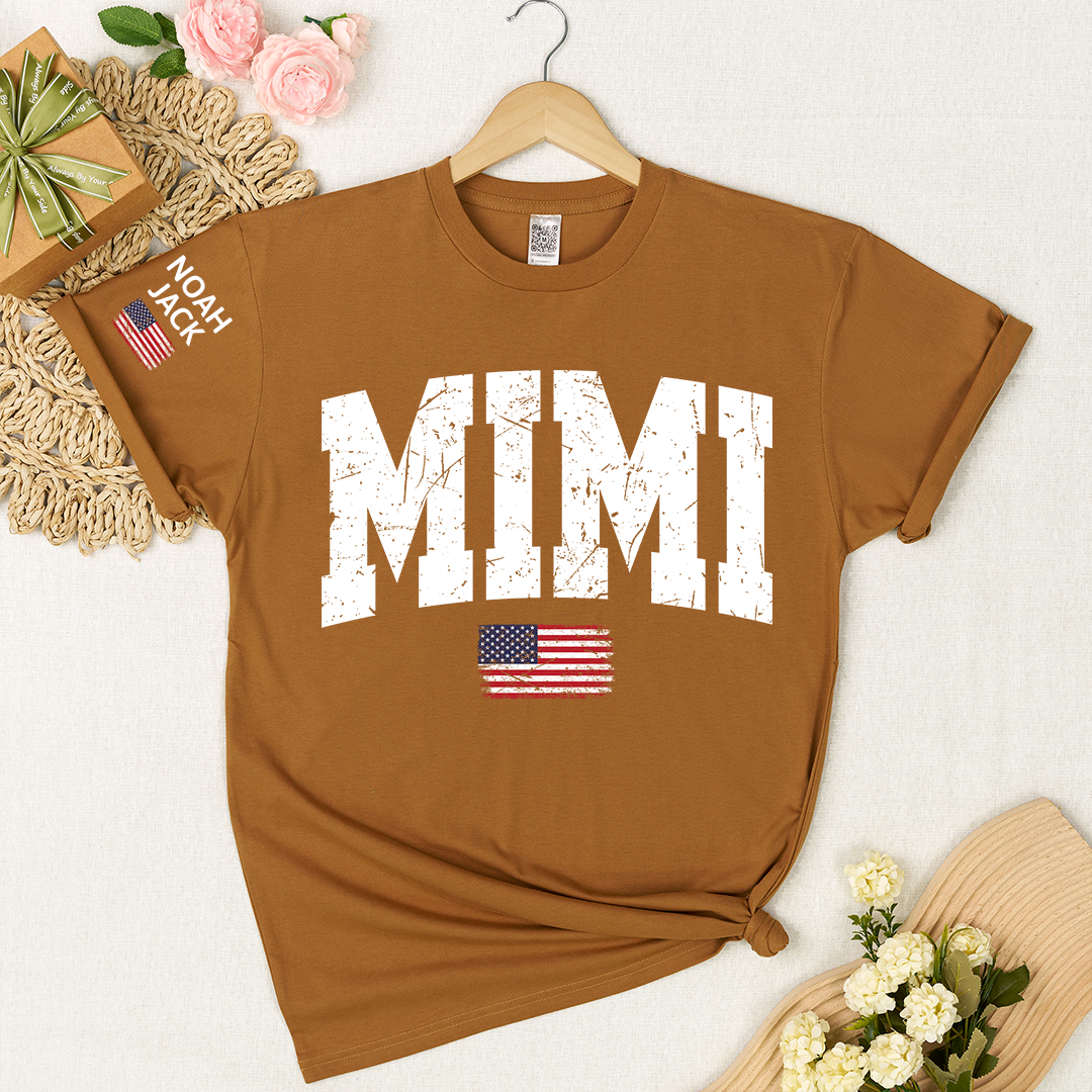 Mimi Patriotic Shirt with American Flag, Personalized Grandkids Names Family T Shirt