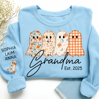 Personalized Fall Ghost sweatshirt, Custom Kids name on sleeve, For Gift Grandma