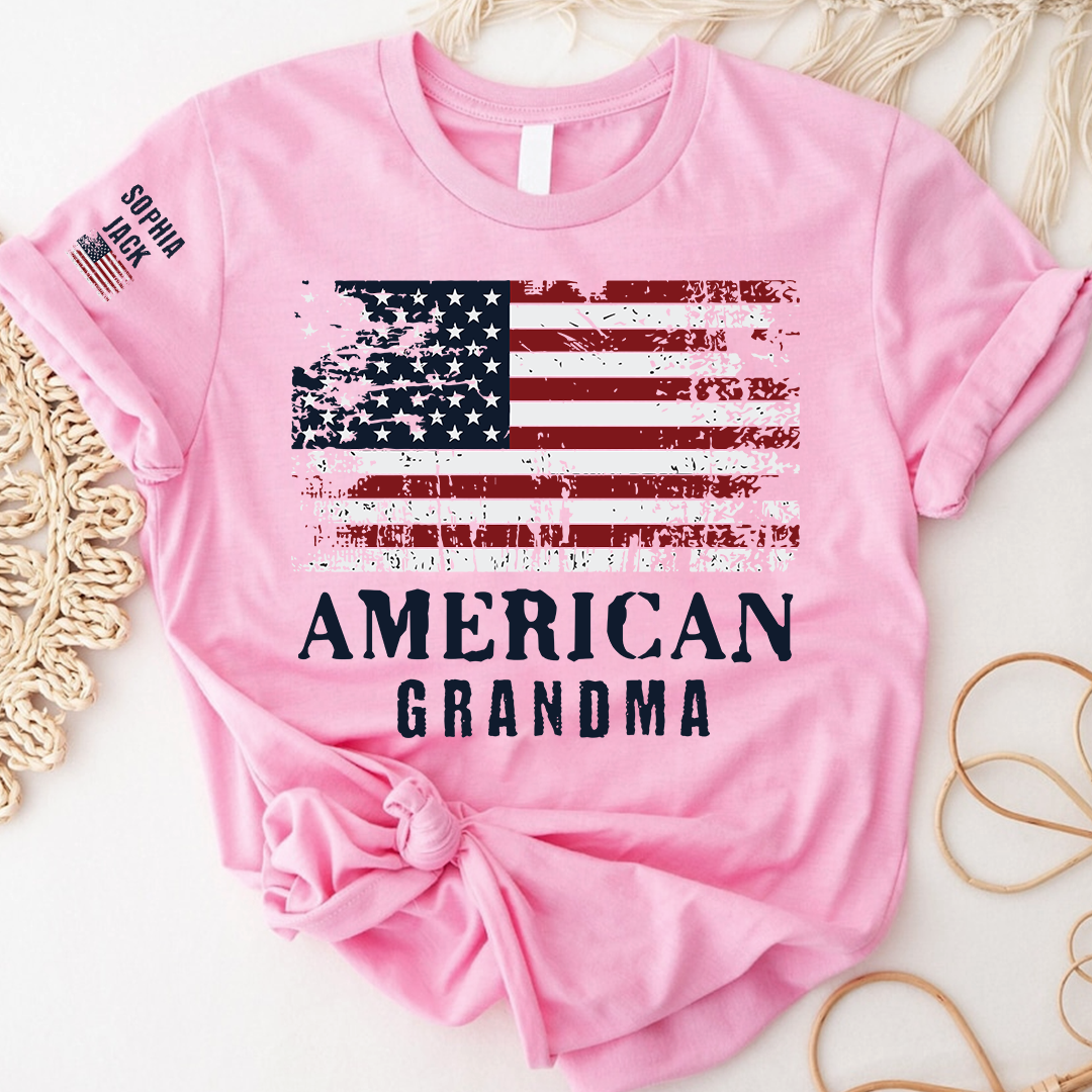 Custom American Grandma T-Shirt, Personalized Grandkids Name Sleeve Patriotic Shirt