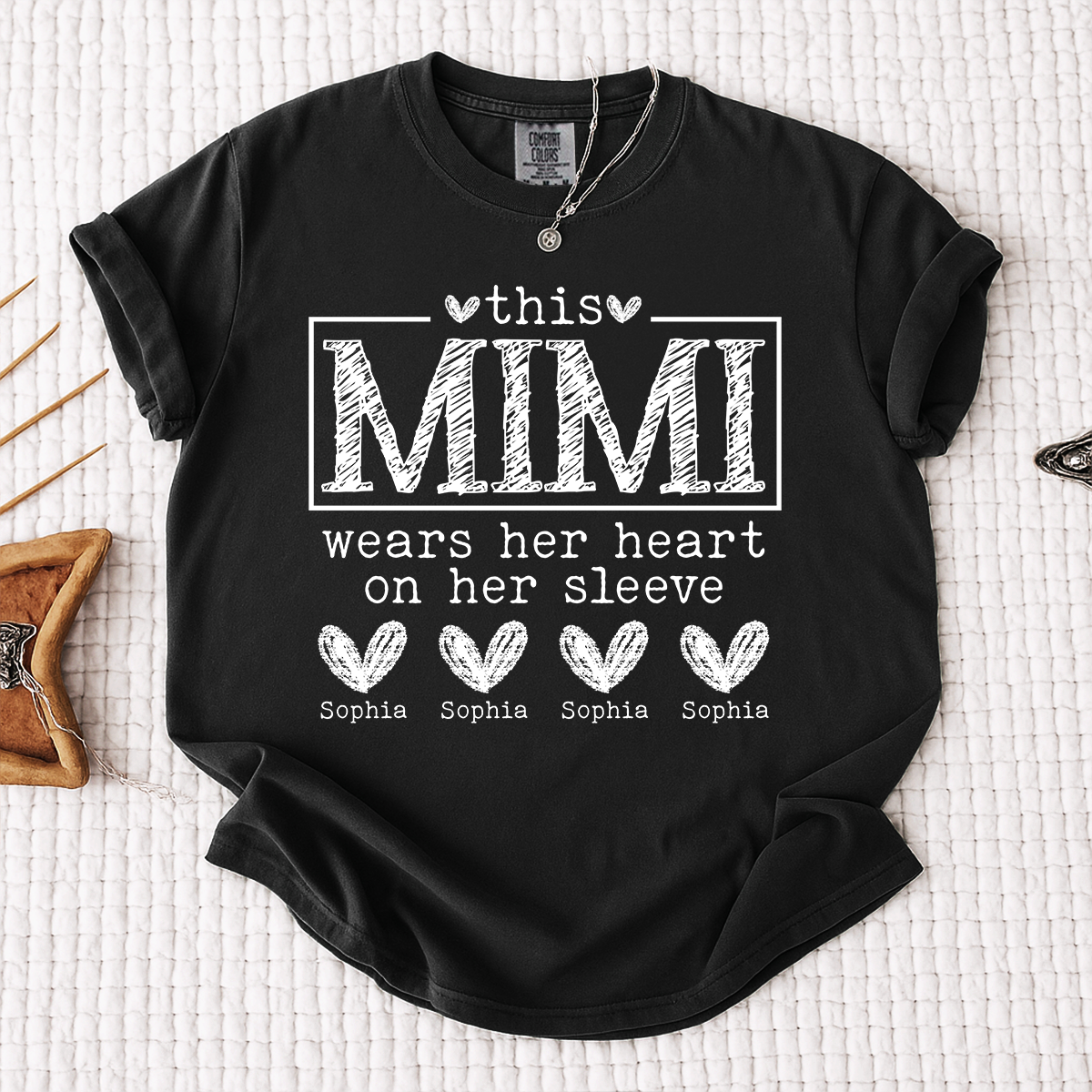 Comfort Colors Custom Mimi Shirt, This Mimi Wears Her Heart on Her Sleeve  with Grandkids Names, Idea Gift for Mother's Day, Birthday
