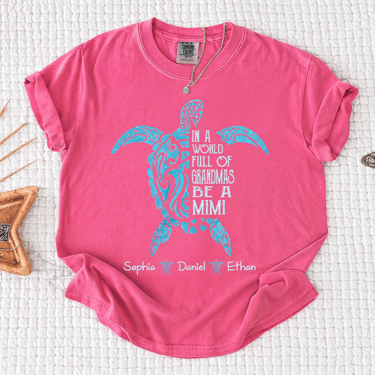 Comfort Colors In A World Full Of Grandmas Be A Mimi Shirt – Personalized Sea Turtle Graphic Tee, Custom Kids Names Gift for Mimi