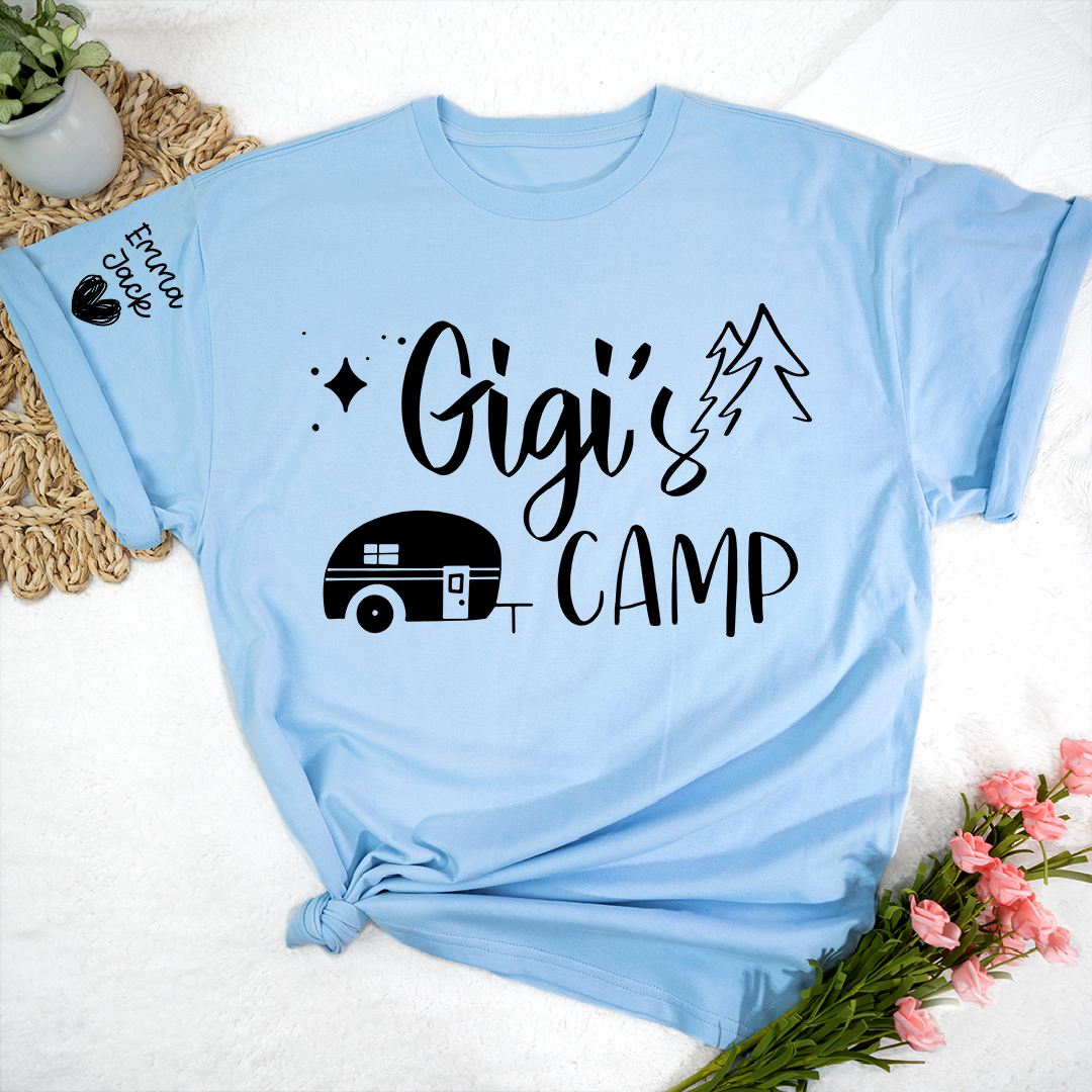 Gigi's Camp Shirt Personalized with Grandkids Names, Funny Camping Grandma Tee, Camper Trailer Graphic T Shirt