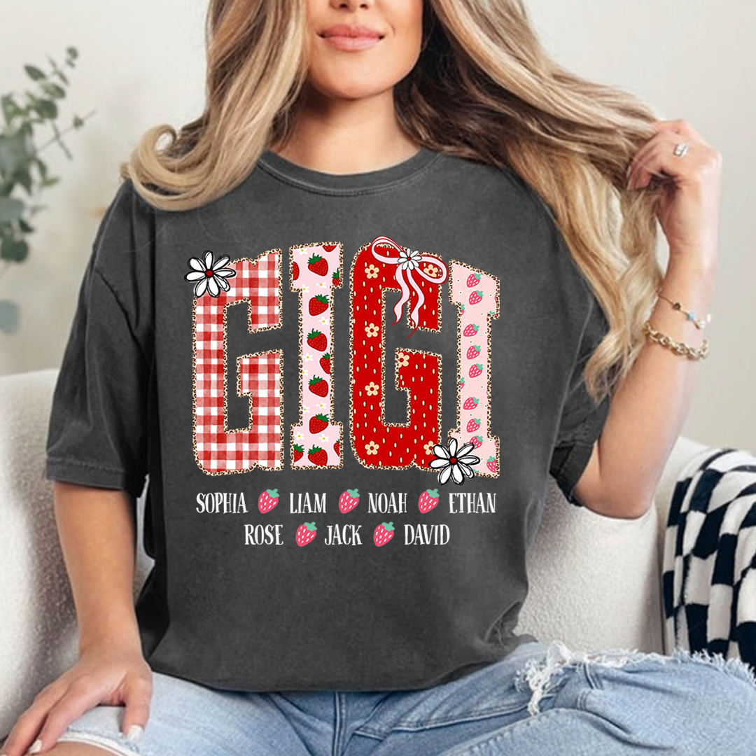Gigi Personalized Grandma T-Shirt With Strawberry And Flower Motifs, Bearing Her Grandchildren's Names