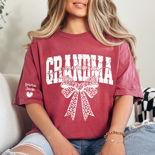 Personalized Grandma T-Shirt with Leopard Print Bow and Custom Grandkids Names