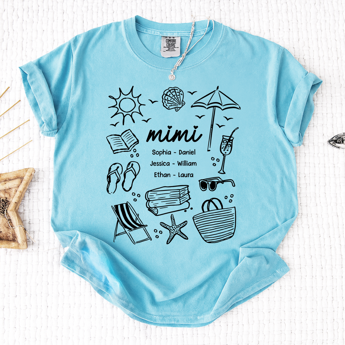 Comfort Colors Custom Mimi T Shirt with Grandchildren Names, Beach Life Graphic Tee, Personalized Summer Vacation Shirt for Women