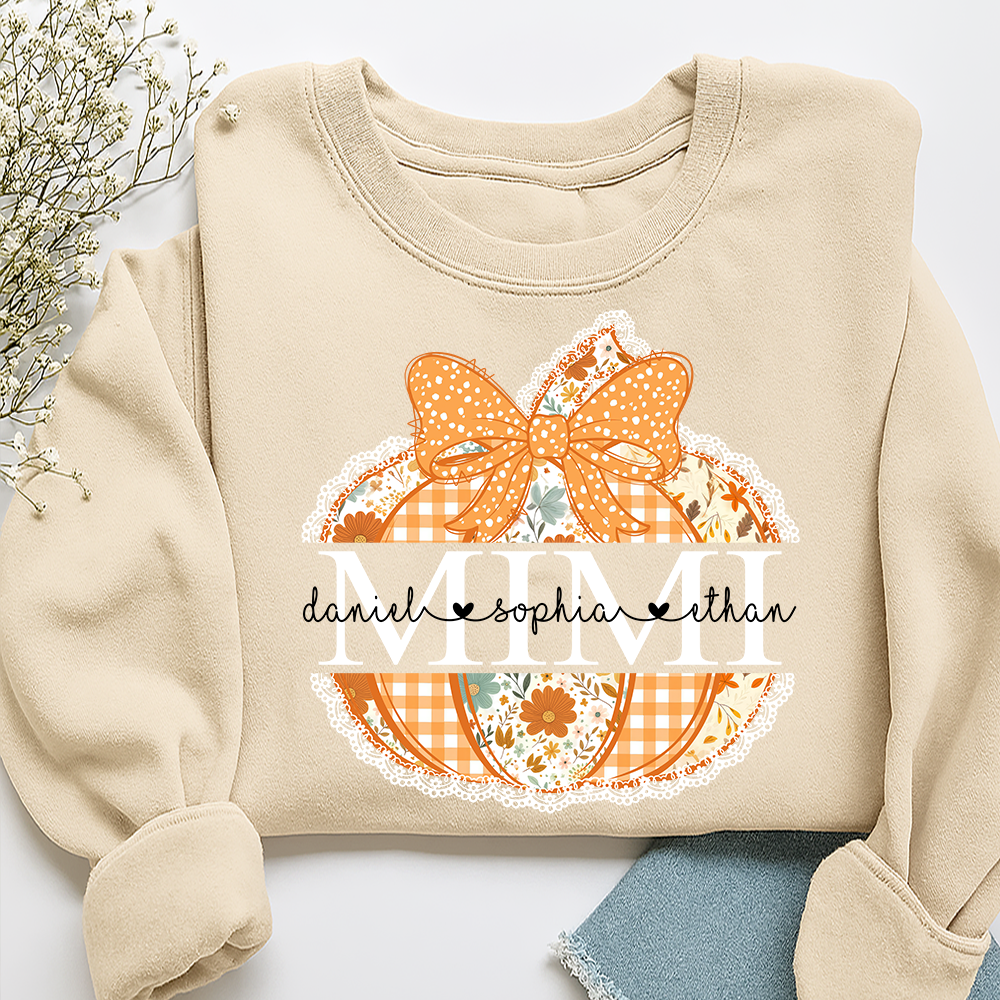 Personalized Mimi Pumpkin Shirt with Grandkids Names, Custom Fall Sweatshirt, Floral Pumpkin Grandma Gift, Thanksgiving Apparel