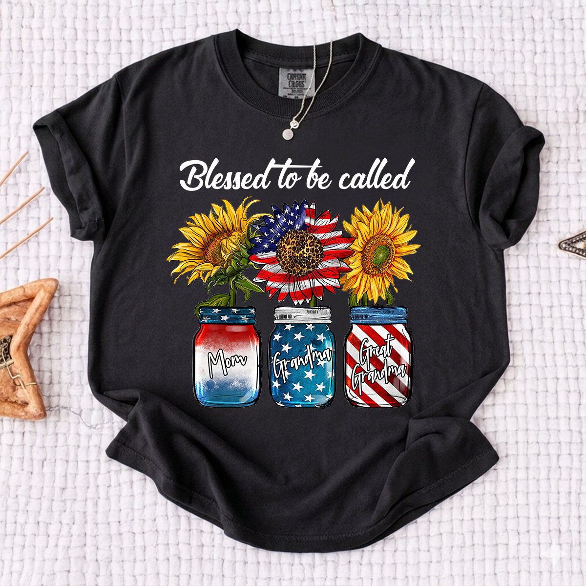 Comfort Colors Personalized Blessed to be Called Shirt, Custom Names with Sunflower and Patriotic Jar Design