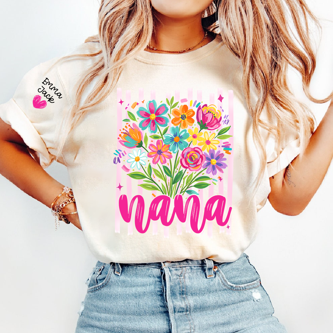 Custom Striped Wildflowers Nana T-Shirt, Trendy Ditsy Floral Gift for Grandma And Kids