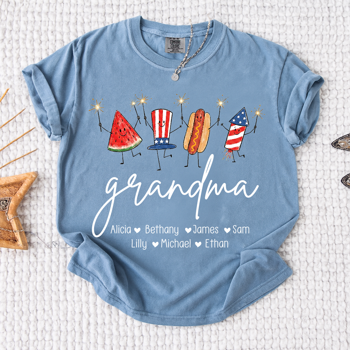 Comfort Colors® Personalized Grandma 4th of July Shirt with Grandkids Names, Patriotic Firecracker Family Tee, Custom Independence Day Grandma Gift