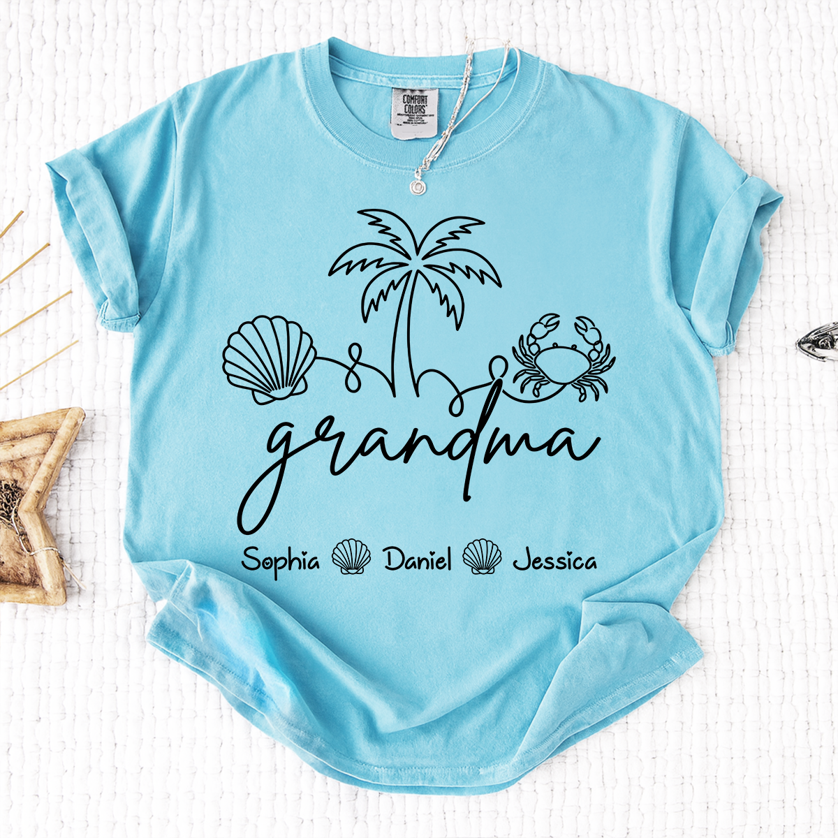 Comfort Colors Personalized Grandma Shirt with Grandkids Names, Custom Beach Line Art Tee, Palm Tree Shell Crab Family T-Shirt
