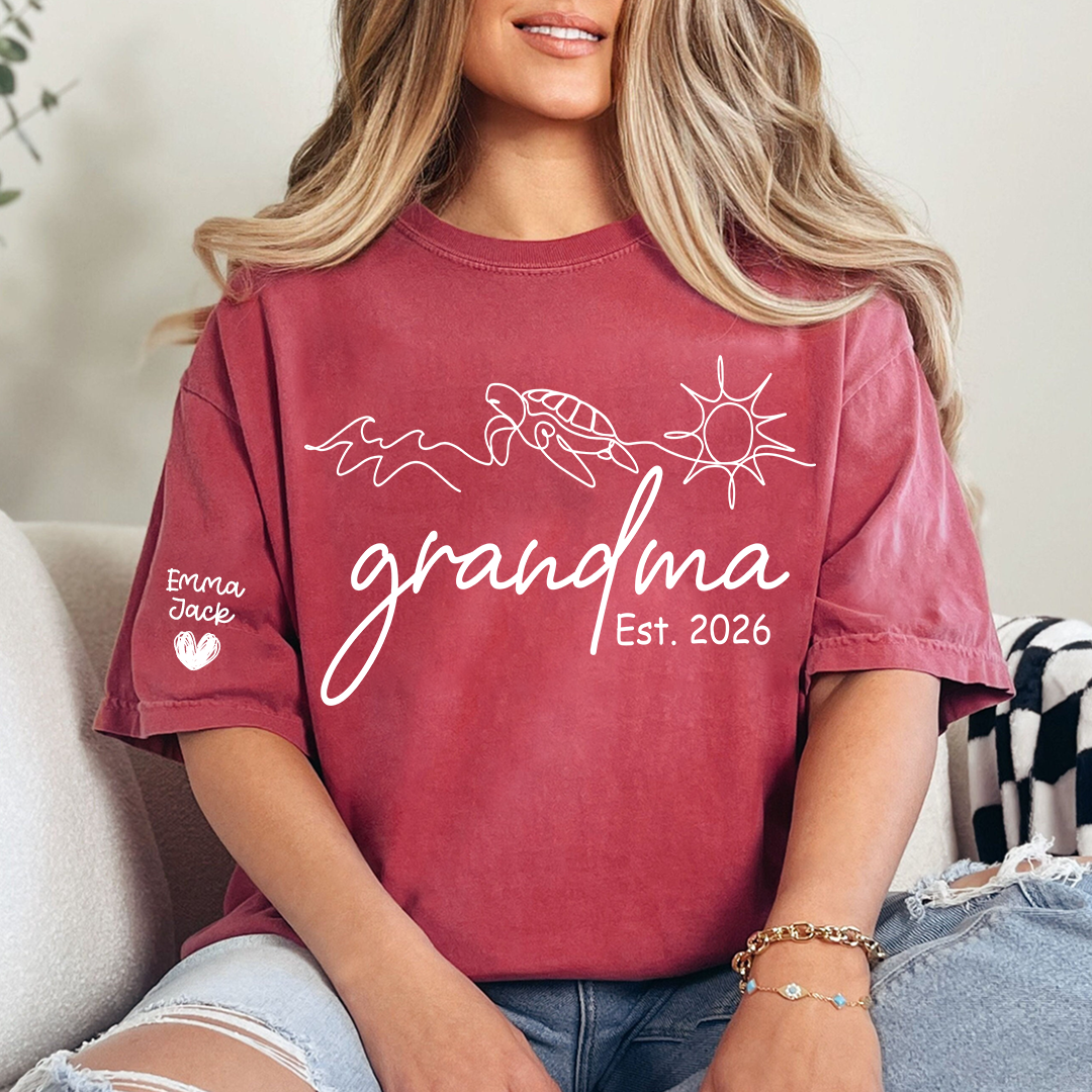 Personalized Grandma Nature Shirt, Sea Turtle Botanical Graphic Tee, Custom Sleeve Names T Shirt, Ocean Lover Gift for Grandma
