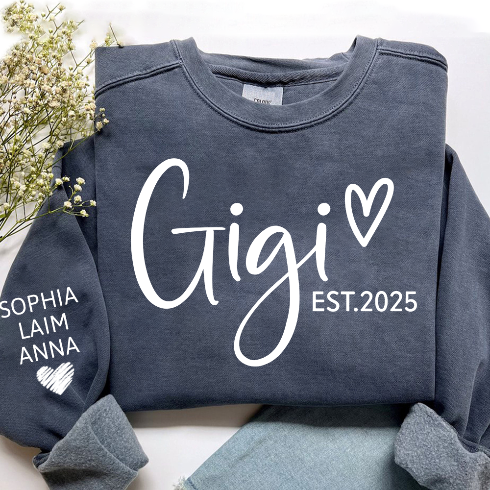 Personalized Gigi Est Heart Sweater, Gift for Grandma and Kids, Unique Gift for Grandma and Family