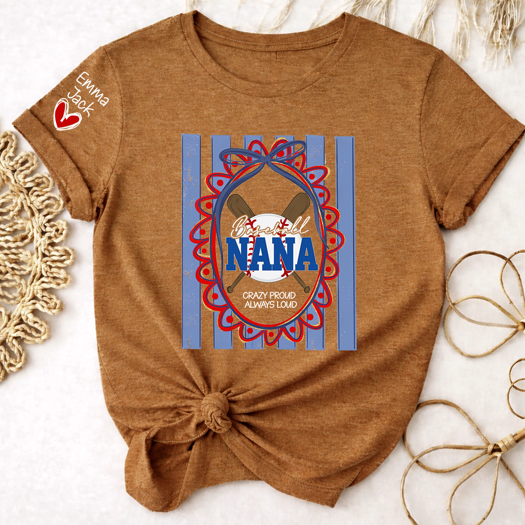Custom Baseball Coquette Nana Shirt for Game Day, Personalized Kids Names Sports Grandma Tee