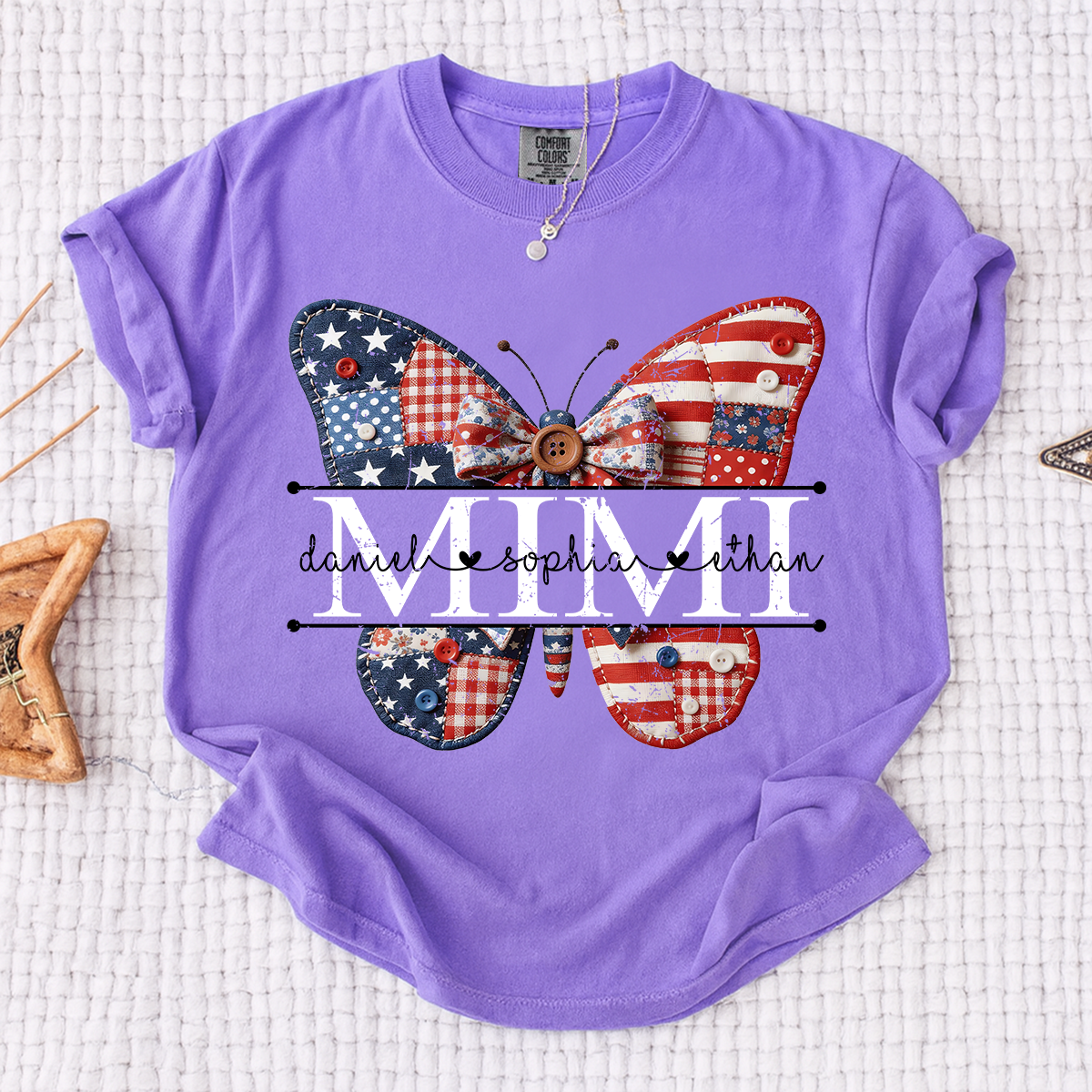 Comfort Mimi Patriotic Shirt, Custom Names with USA Flag and Floral Butterfly Graphic