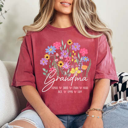 Personalized Grandma Floral Shirt, Custom Family Names T-Shirt with Wildflower Design