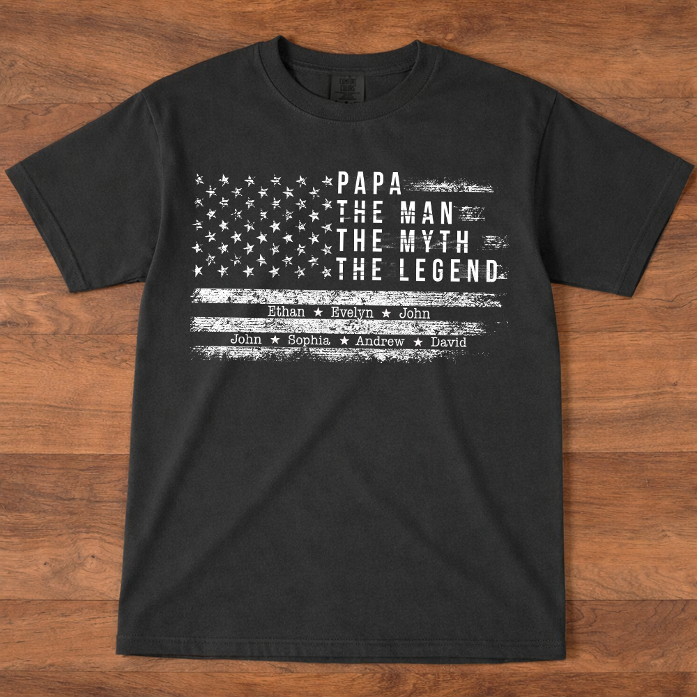 Comfort Colors Personalized Papa The Man The Myth The Legend Shirt – Custom Dad Gift with Kids Names and American Flag Design