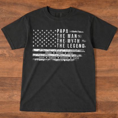Comfort Colors Personalized Papa The Man The Myth The Legend Shirt – Custom Dad Gift with Kids Names and American Flag Design