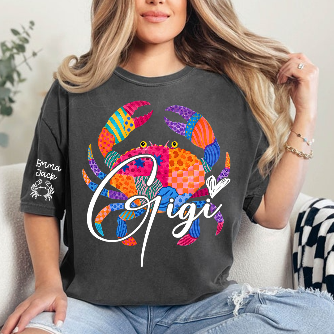 Personalized Coastal Grandma Shirt, Custom Grandkids Names Tee, Colorful Crab Beach Design, Gift for Grandma from Family