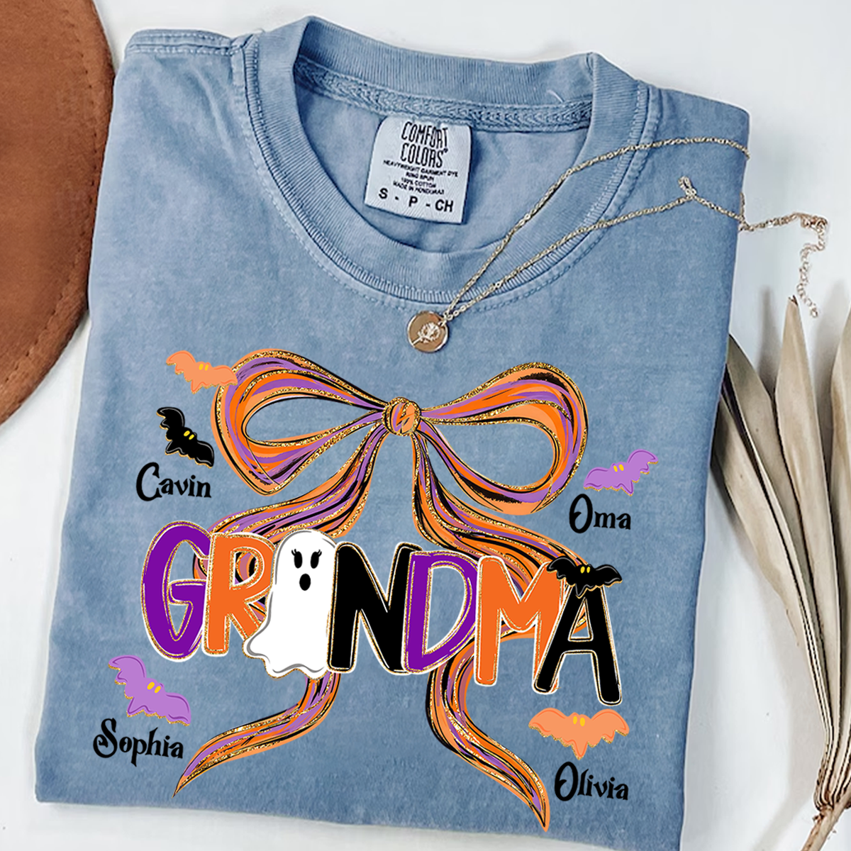 Comfort Colors® Personalized Halloween Grandma T-Shirt, Cute Ghost & Bat Design with Grandkids' Names
