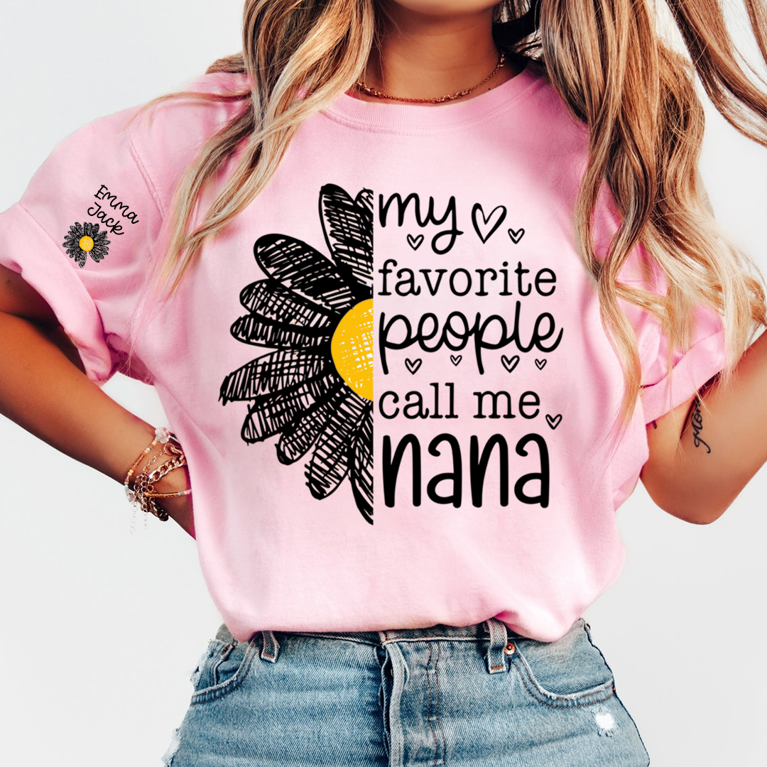 Personalized Nana Floral Shirt with Daisy and Sun Graphics, Custom Grandkids Names