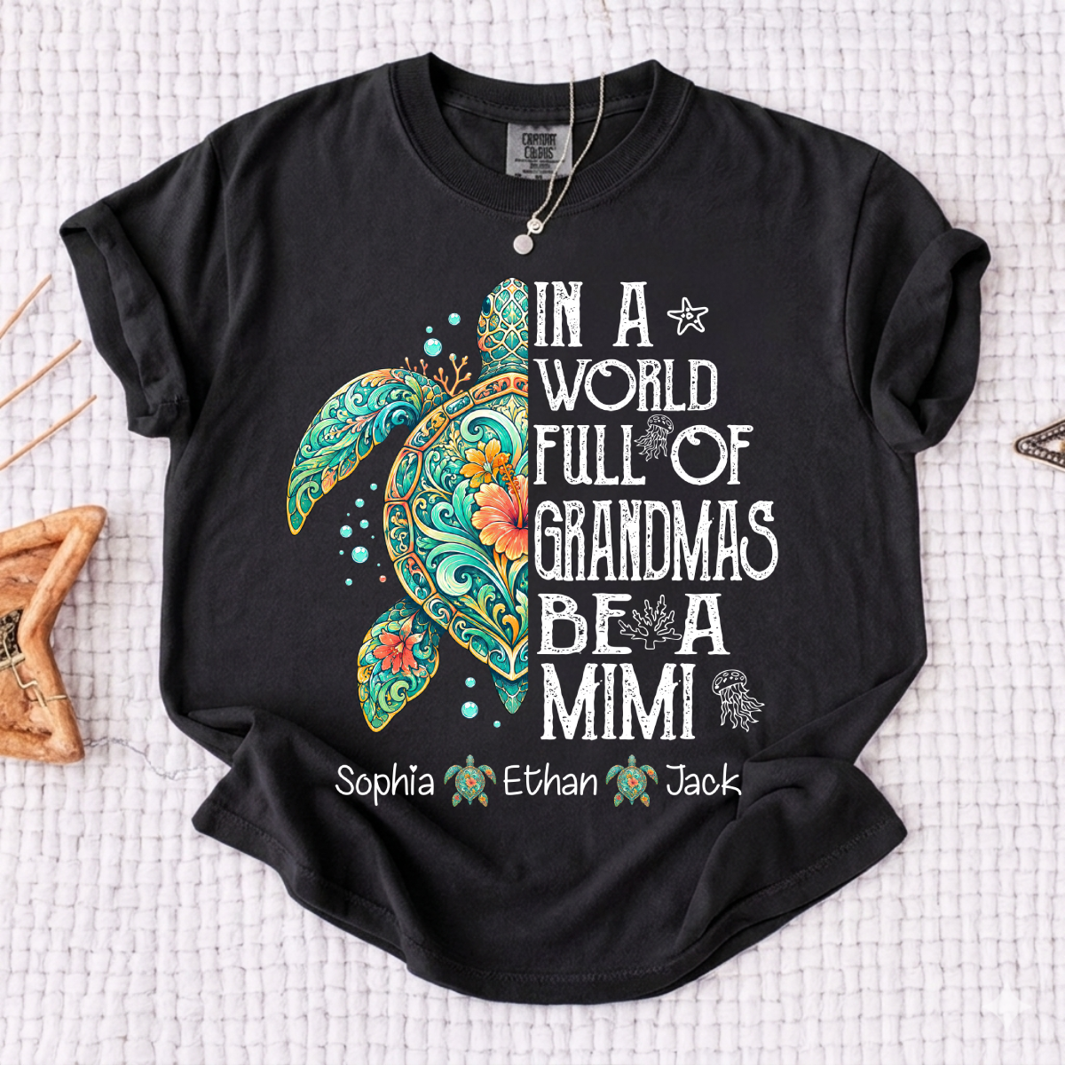 Cute Mimi Turtle Shirt for Women, Personalized Family Names T Shirt, Coastal Sea Life Graphic Tee, Gift for Grandma from Kids