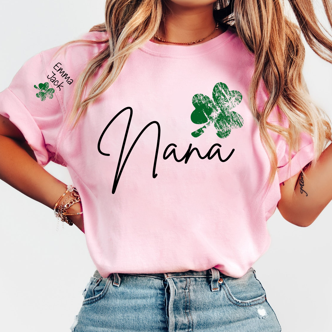 Lucky Grandma St Patrick’s Day T Shirt, Nana Shamrock Custom Names Design