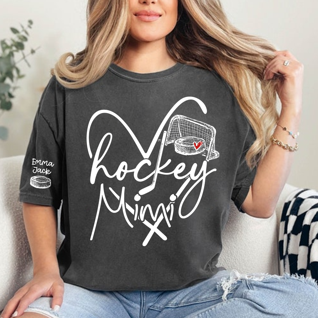 Hockey Heart Mimi Family Shirt, Custom Names and Hockey Puck Design Personalized Tee