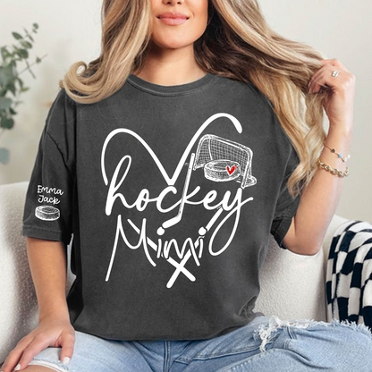 Hockey Heart Mimi Family Shirt, Custom Names and Hockey Puck Design Personalized Tee
