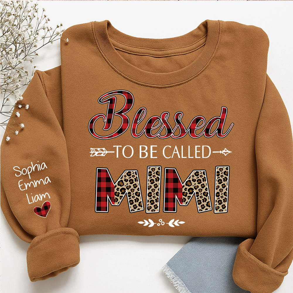 Personalized Blessed To Be Called Nana Sweatshirt With Grandkids Names, Custom Grandma Gift, Leopard Plaid Nana Crewneck