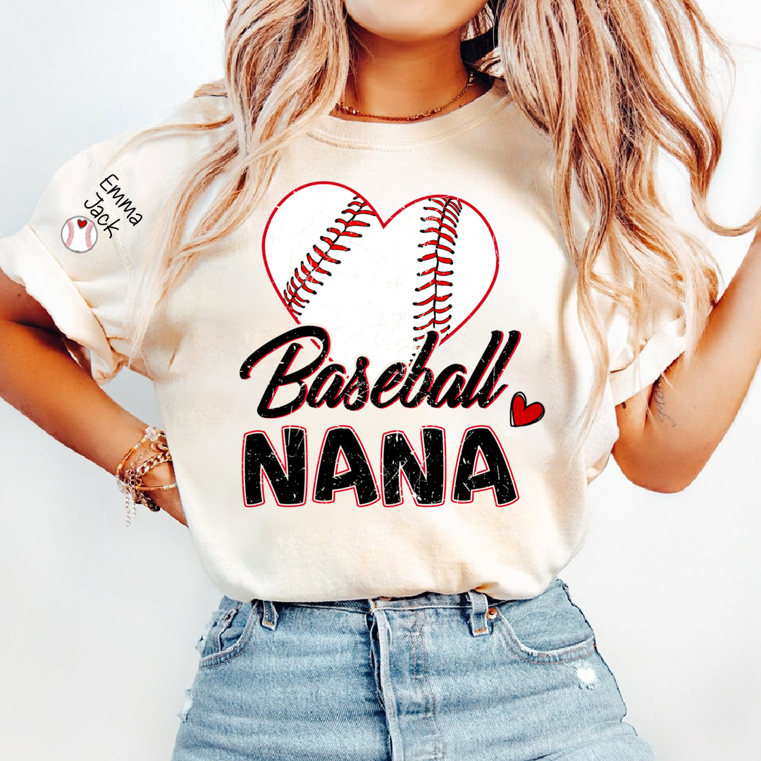 Baseball Nana T-Shirt With Custom Grandkids Names, Heart Graphic Design For Gift Gradma And Kids