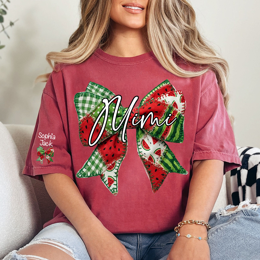 Mimi Watermelon Bow T-Shirt Personalized Grandma Shirt Summer Family Names Tee