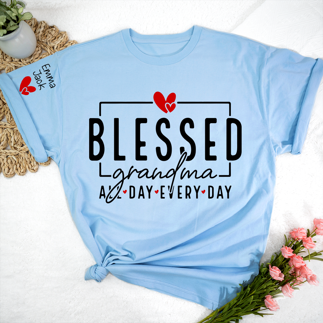 Blessed Grandma All Day Every Day Shirt, Personalized Family T Shirt with Grandkids Names and Heart Design