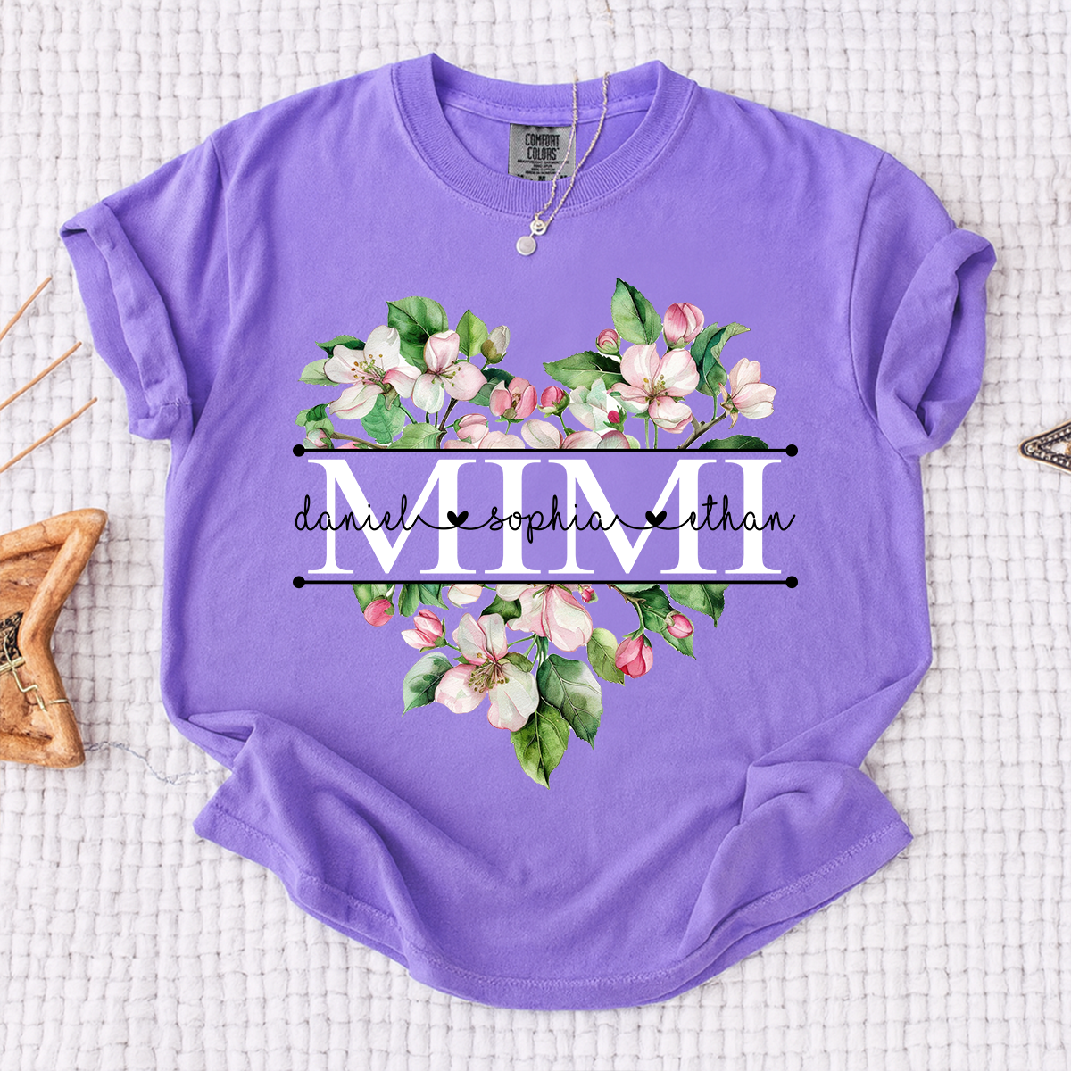 Comfort Personalized Mimi Flower Heart Shirt, Custom Names Family Gift T Shirt