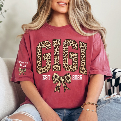 Custom Leopard Gigi, Personalized Heart T-shirt For Grandma And Kids