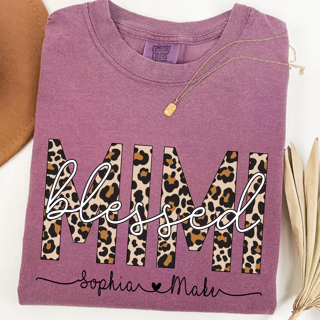 Comfort Colors® -Blessed Mimi Leopard Print T-Shirt – Personalized Grandma Tee with Grandkids' Names – Custom Gift for Mimi