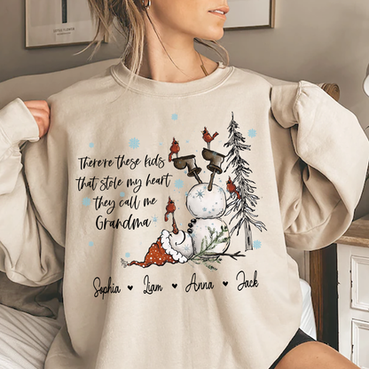 Custom Grandma Snowman Sweatshirt, There’s These Kids That Stole My Heart For Gift Grandma And Kids