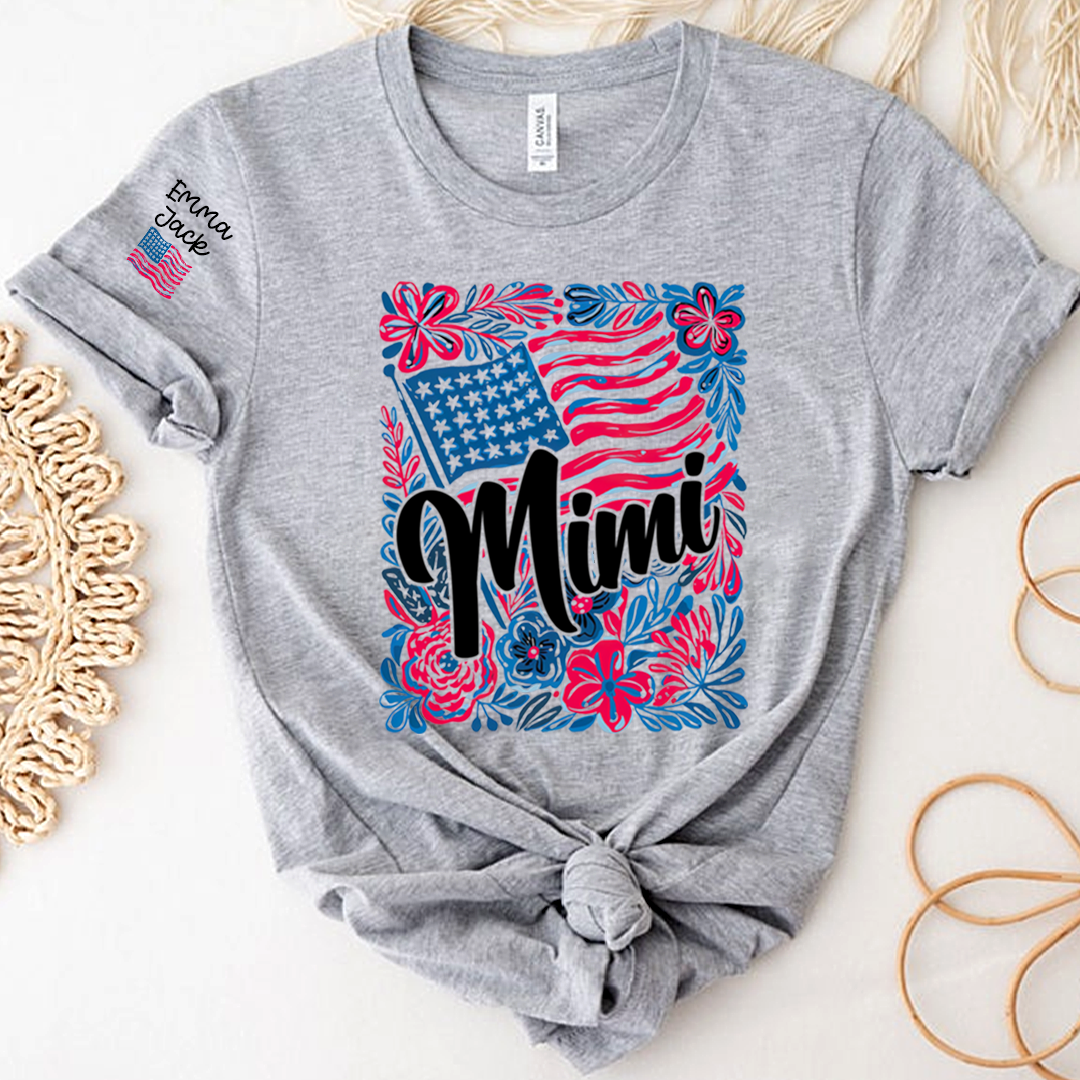 Mimi American Flag Floral Shirt, Custom Grandkids Names Family T Shirt
