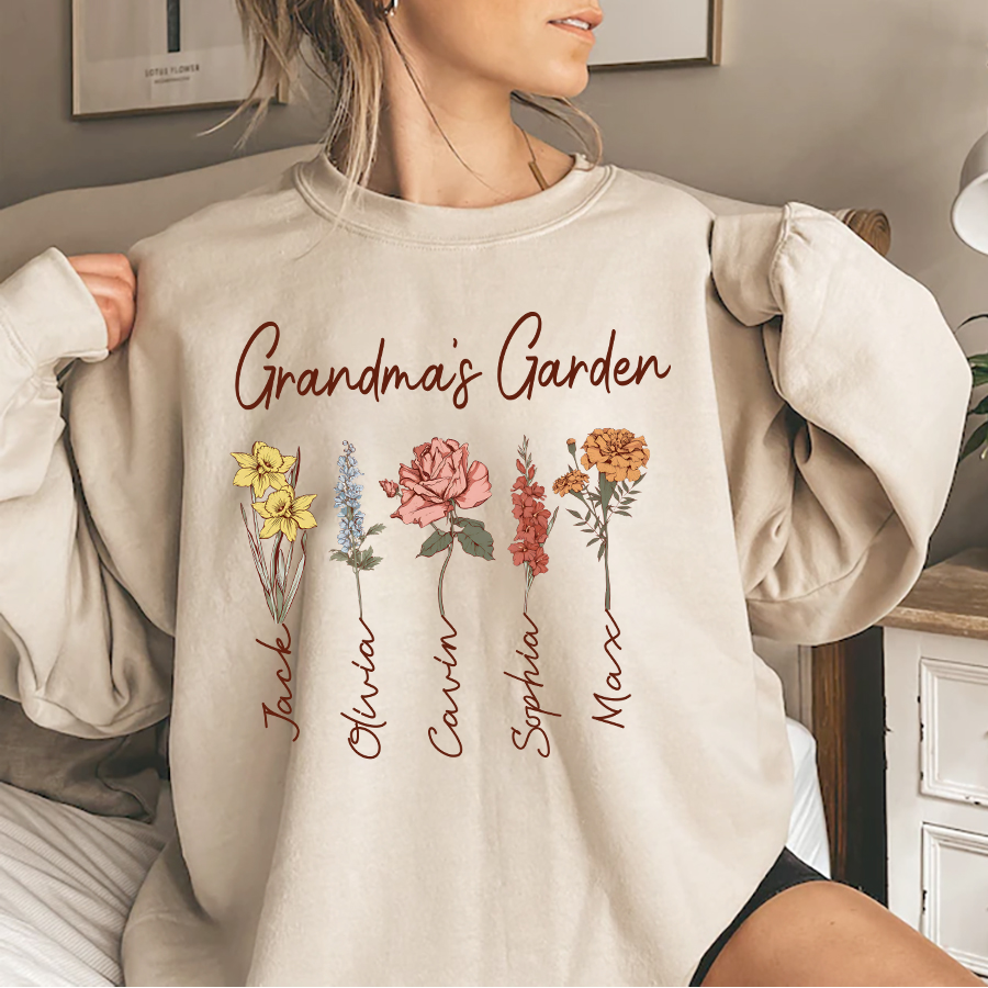 Personalized Grandma’s Garden Sweatshirt – Custom Grandkids Name Flower Sweater – Christmas Gift for Grandma, Gigi, Nana, Mimi