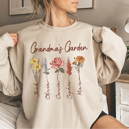 Grandma's Garden Sweatshirt, Custom Birthflower Sweatshirt, Gift for Grandma, Love Grows Here, Mom's Garden