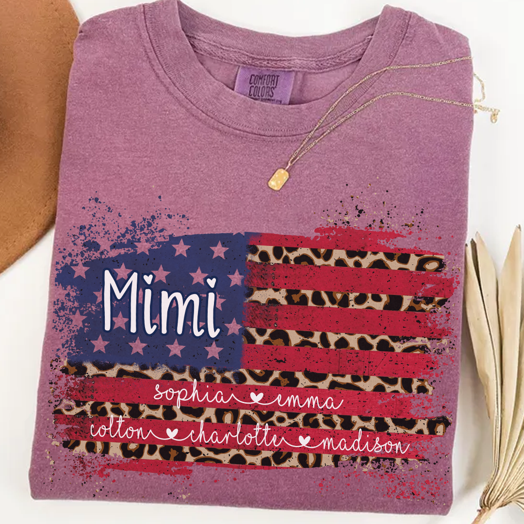 Personalized Mimi Shirt for Grandma - Leopard American Flag Tee - Custom Grandkids Names - Vintage Distressed USA Flag T-Shirt - Gift for Mimi, Nana, Gigi, Mom, Mother's Day, Birthday