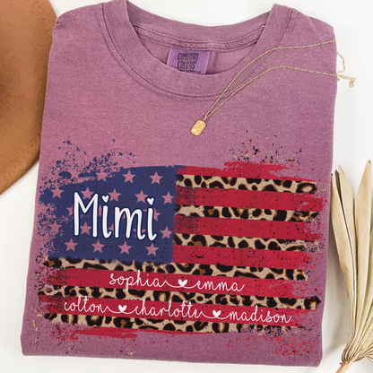Personalized Mimi Shirt for Grandma - Leopard American Flag Tee - Custom Grandkids Names - Vintage Distressed USA Flag T-Shirt - Gift for Mimi, Nana, Gigi, Mom, Mother's Day, Birthday
